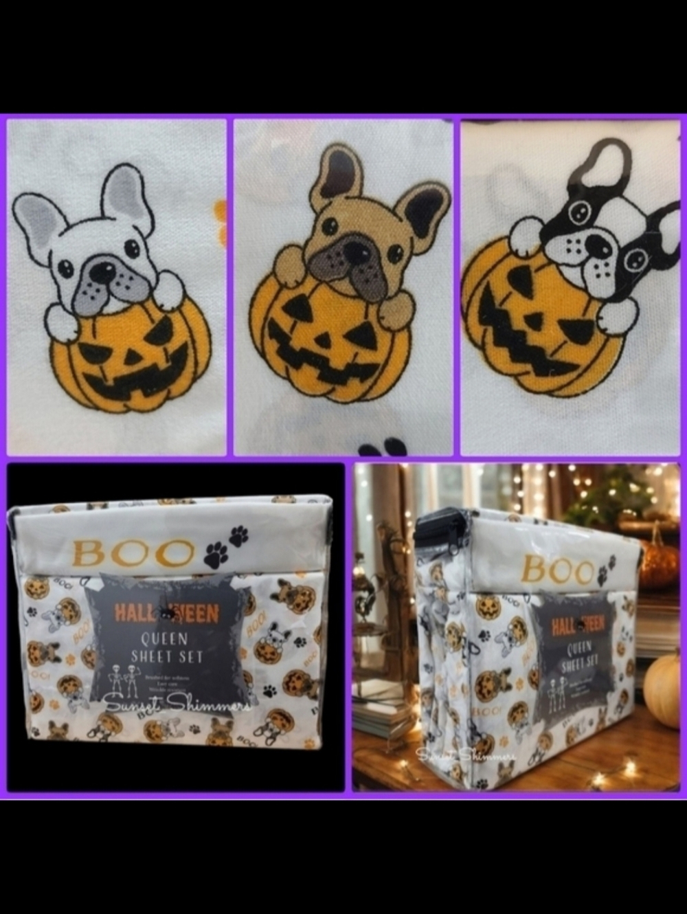 4pc Halloween French Bulldog Frenchie Dog Boo Pumpkin QUEEN Bed Sheet Decor New